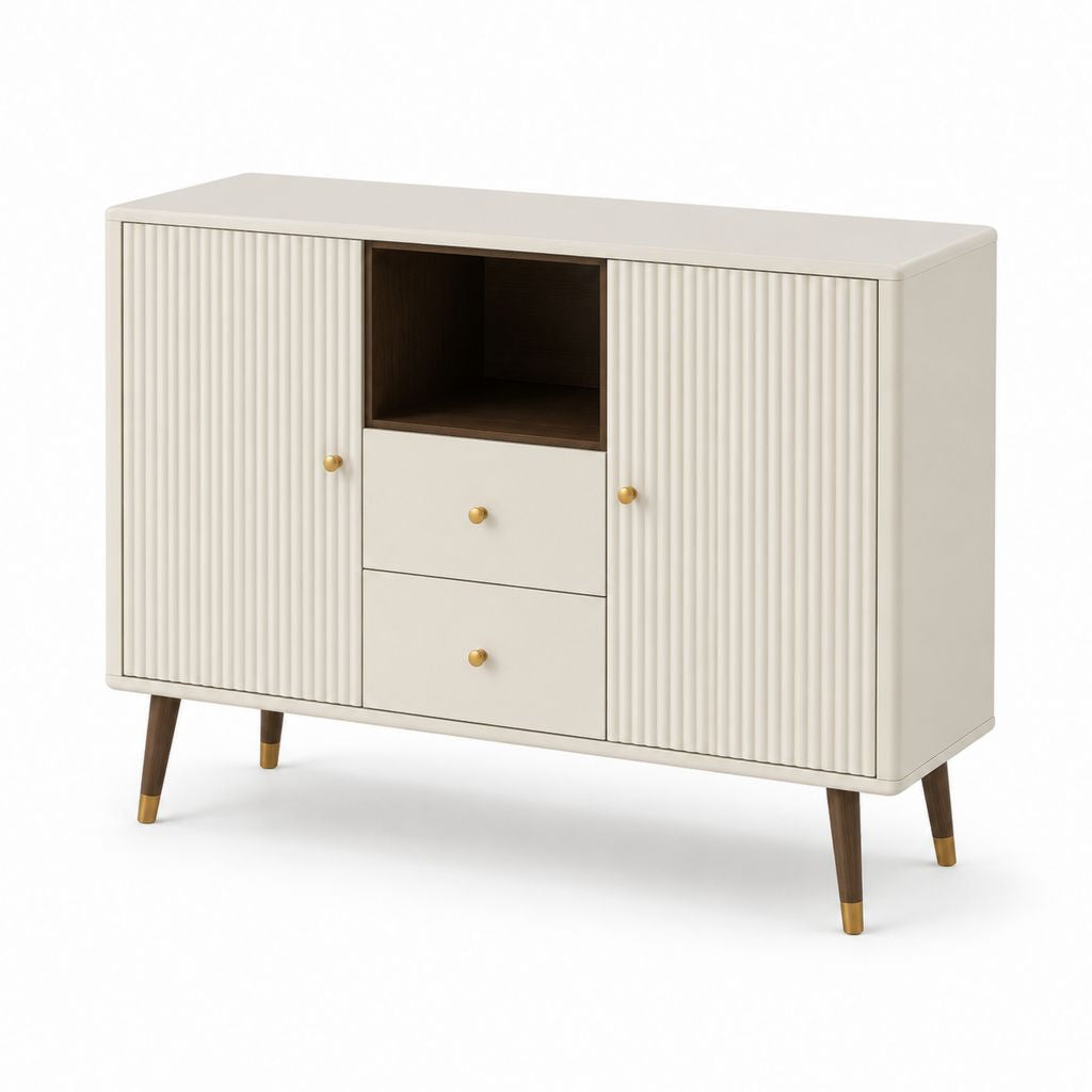 Sideboard Creme MDF mit Riffelholztüren und 2 Schubladen 120 x 40 x 85 cm