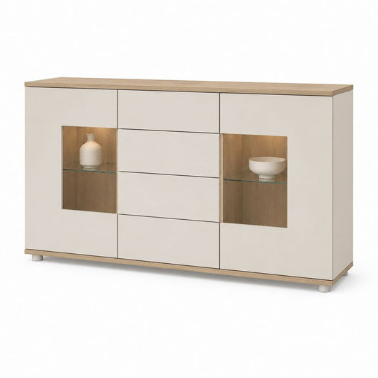 Sideboard Weiß Eicheoptik aus Holzwerkstoff mit Glaseinsätzen 180 x 40 x 90 cm