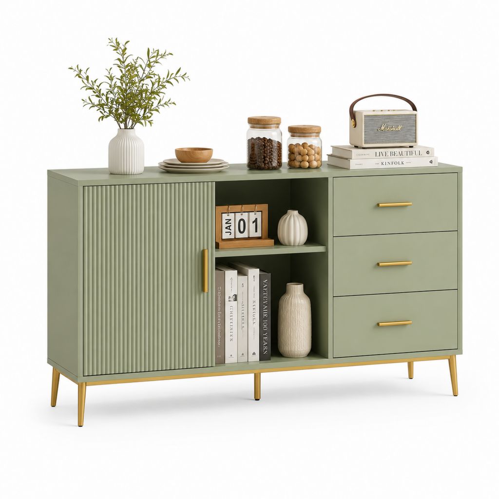 Sideboard mit Schiebetür und 3 Schubladen Salbeigrün MDF Rechteckig 140 x 40 x 85 cm
