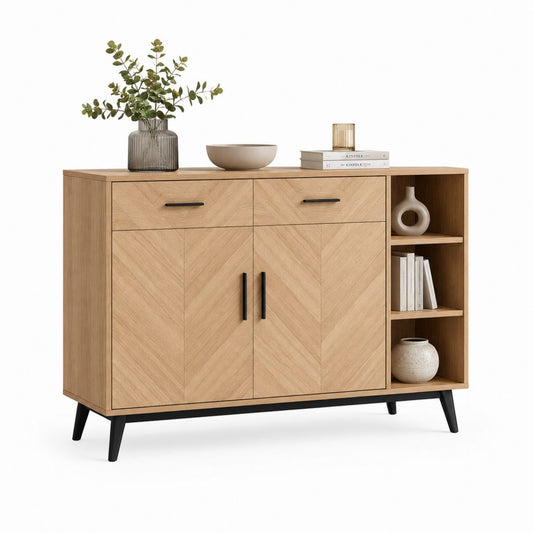 Sideboard Eiche Natur MDF mit Eichenfurnier 120 x 40 x 90 cm mit 2 Türen 2 Schubladen und 3 offenen Fächern
