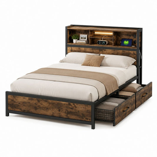 Stauraumbett 160 x 200 cm Braun Schwarz aus Spanplatte und Stahl mit LED-Regal und 4 Schubladen