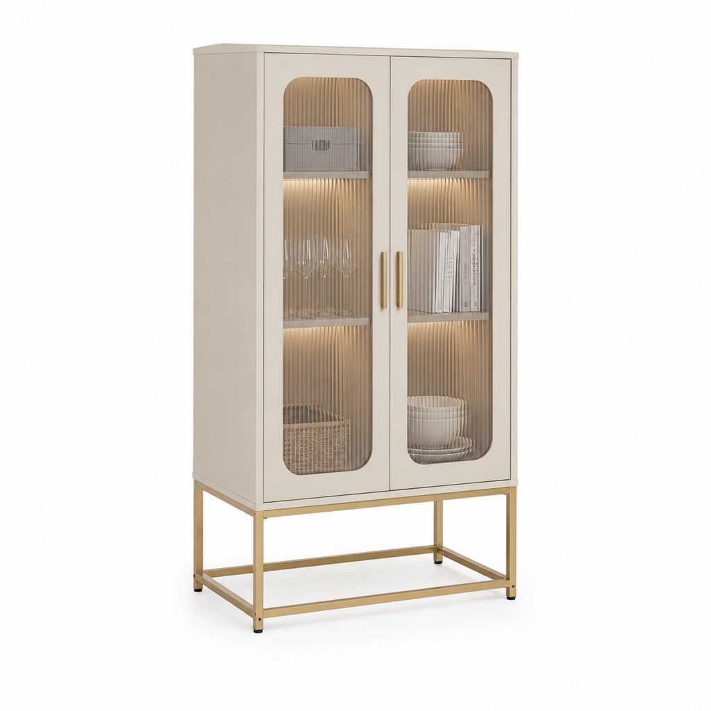Vitrinenschrank Cremeweiß mit geriffeltem Glas und Stahlgestell 80 x 40 x 160 cm