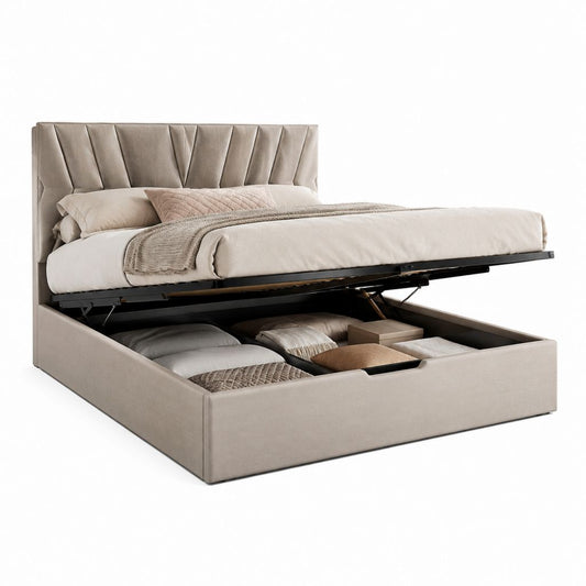 Stauraumbett Samt-Polsterbett Taupe rechteckig mit Gasdruckfeder 160 x 200 cm