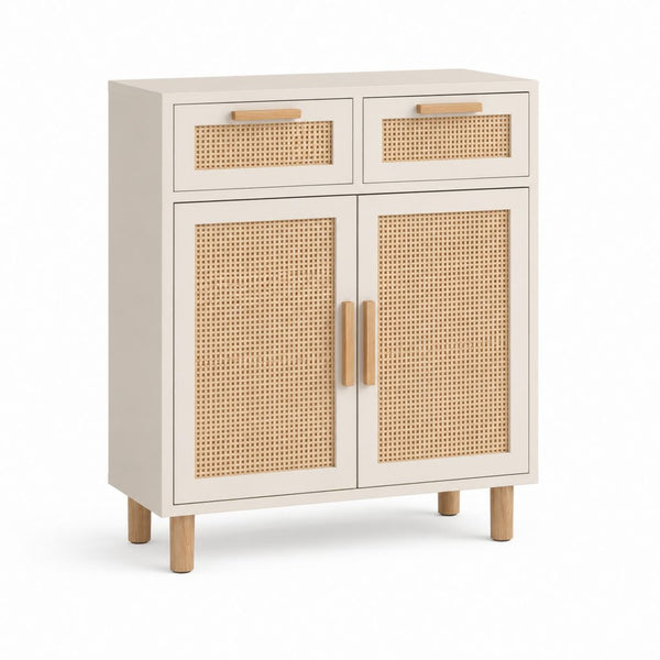 Sideboard mit 2 Türen und 2 Schubladen Creme MDF Rattan rechteckig 80 x 40 x 100 cm