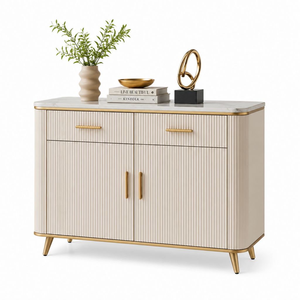 Sideboard Cremeweiß MDF mit Rillenfront und Kunststeinplatte 120 x 40 x 85 cm
