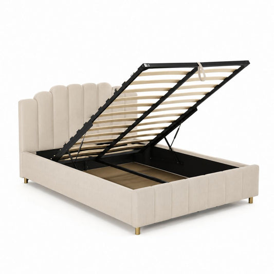 Stauraumbett Beige Samtstoff mit hydraulischem Lattenrost 160 x 200 cm