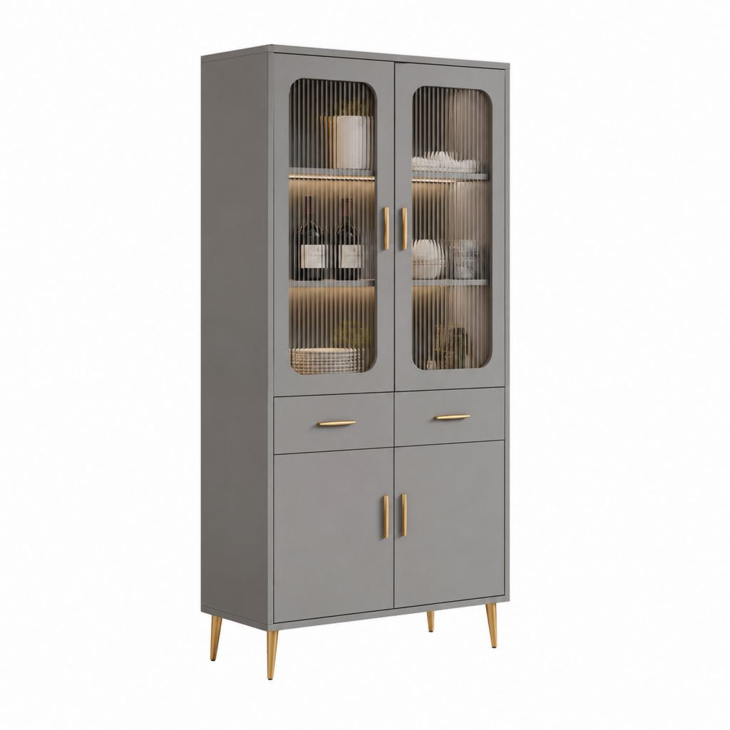 Vitrine Grau aus MDF und Riffelglas mit 4 Türen 2 Schubladen 80 x 40 x 180 cm