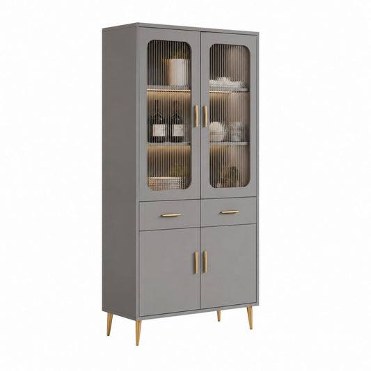 Vitrine Grau aus MDF und Riffelglas mit 4 Türen 2 Schubladen 80 x 40 x 180 cm