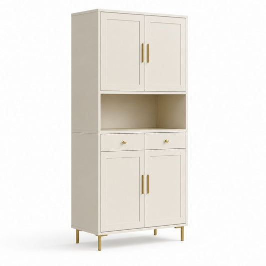 Highboard Weiß aus MDF rechteckig mit 4 Türen 2 Schubladen und offenem Fach 80 x 40 x 180 cm