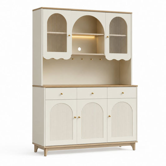Buffetschrank Vitrinenschrank Cremeweiß MDF Eichenfurnier Rechteckig mit LED-Beleuchtung 120 x 40 x 180 cm