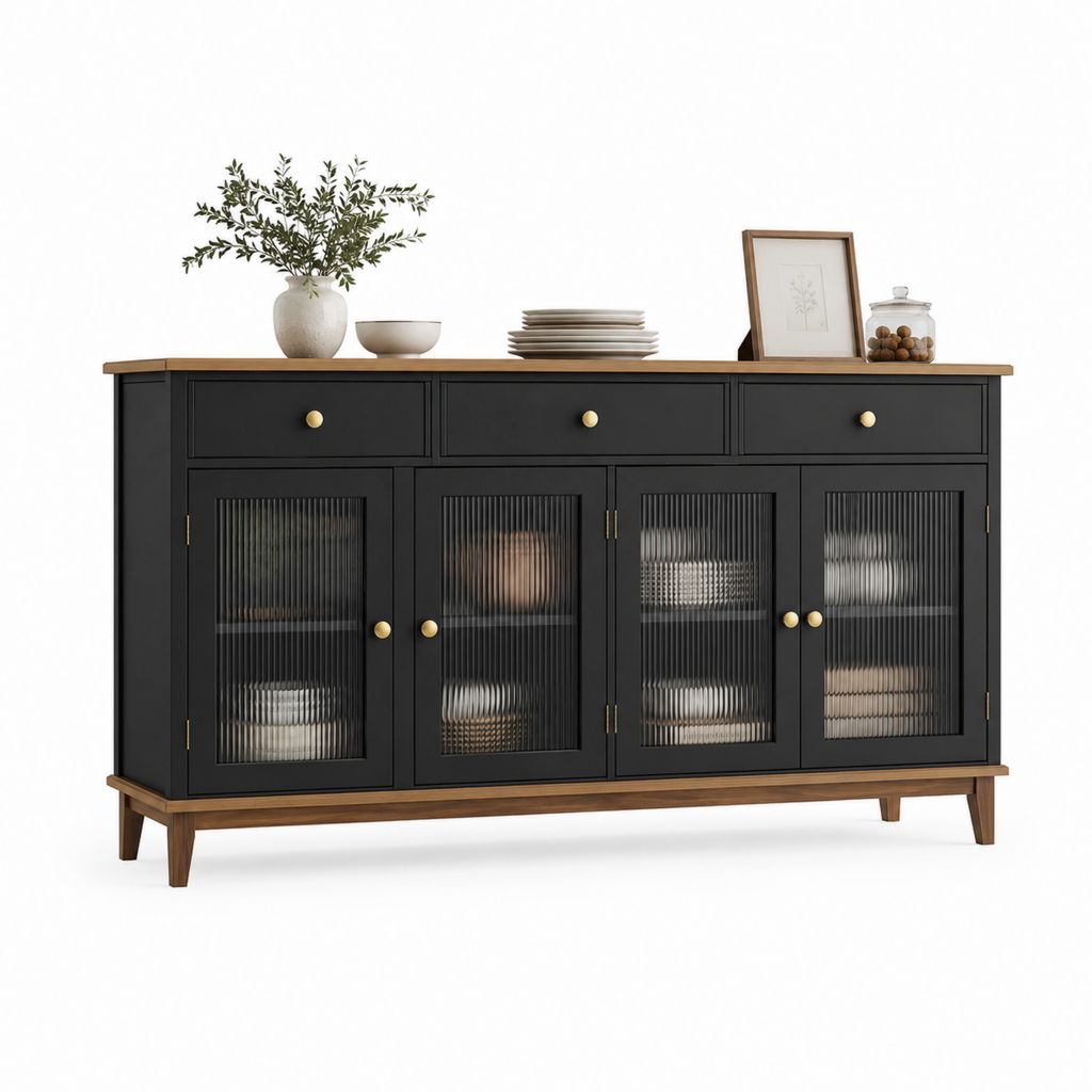 Sideboard Schwarz Walnuss MDF Riffelglas 160 x 40 x 90 cm mit 4 Türen und 3 Schubladen