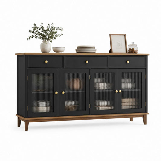 Sideboard Schwarz Walnuss MDF Riffelglas 160 x 40 x 90 cm mit 4 Türen und 3 Schubladen