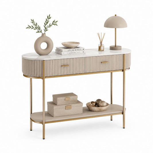 Konsolentisch Beige Gold mit 2 Schubladen aus MDF und Stahl 120 x 40 x 85 cm