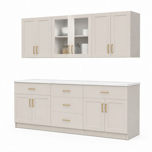 Küchenzeile 3-teilig Beige MDF mit Marmoroptik Arbeitsplatte 240 x 60 x 85 cm