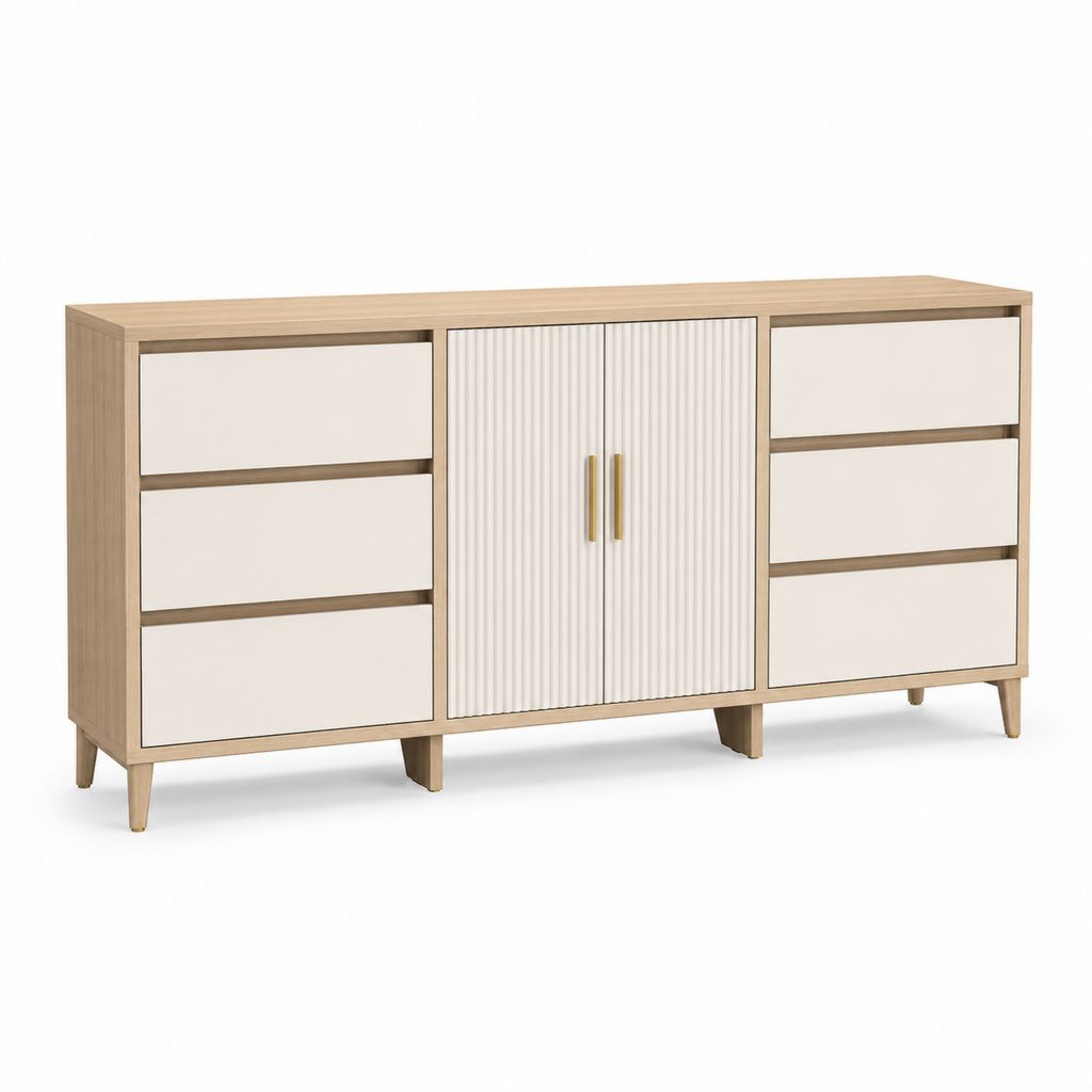 Sideboard Kommode mit 6 Schubladen und 2 Türen Eicheoptik Creme Spanplatte MDF 160 x 40 x 85 cm