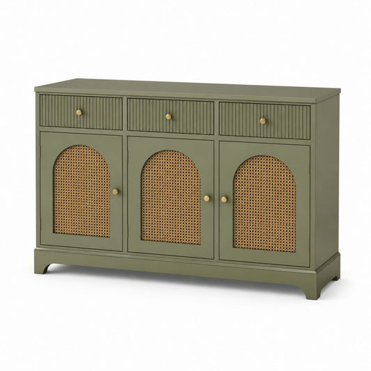 Sideboard Grün MDF Rattan rechteckig 140 x 40 x 90 cm mit 3 Türen und 3 Schubladen